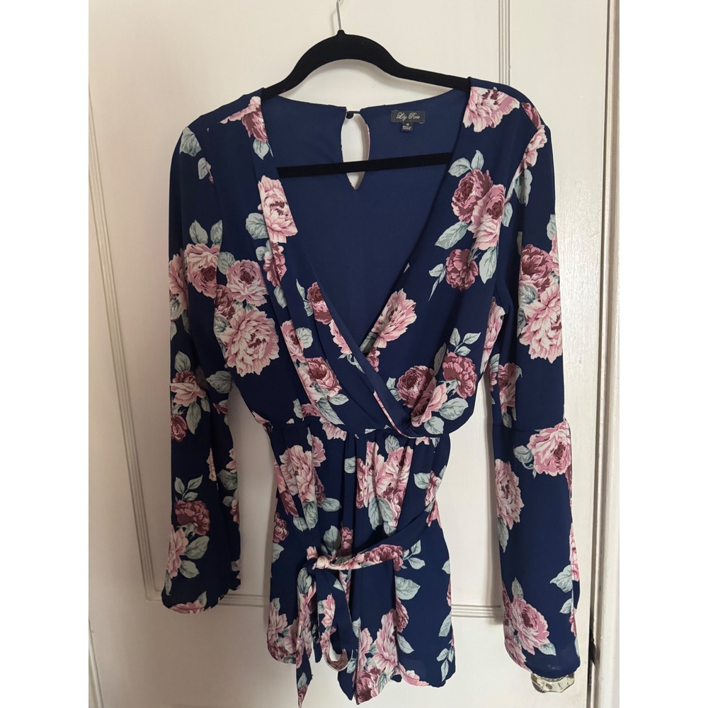 Lily Rose Navy‎ Blue Floral Long Slit Sleeve Romper Size M Wrap Keyhole